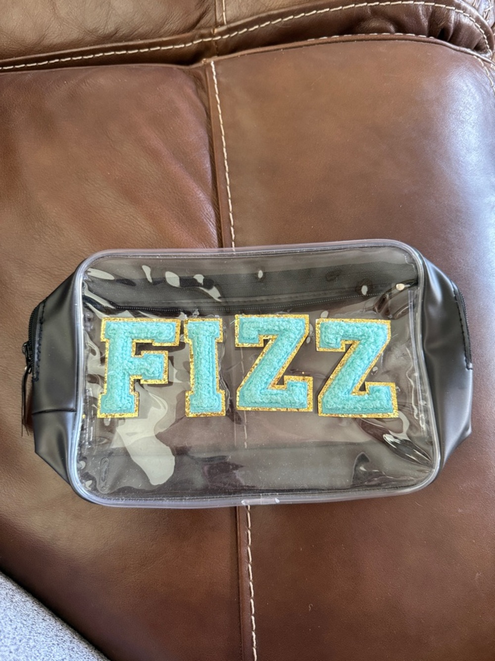 Clear FIZZ Cosmetic Bag with Aqua Chenille Letters